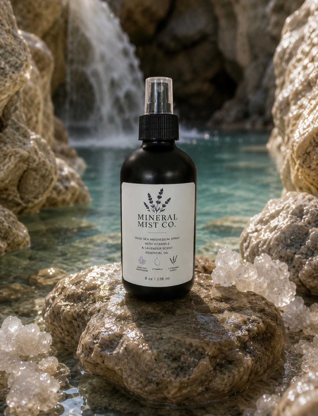 Mineral Mist bottle beside a calm mineral water setting